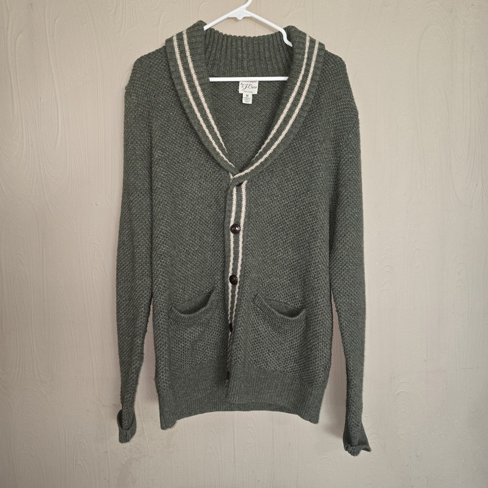 J.Crew Rugged  Textured merino wool  cardigan  Olive Green Size Med No Care Tag